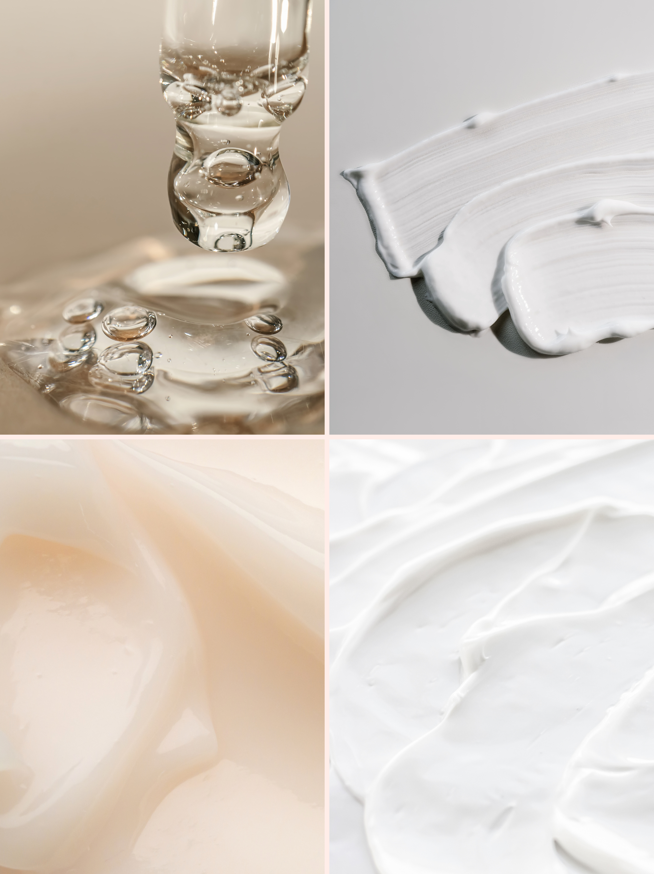 A collage showcasing various skincare textures, including a clear gel with droplets, smooth white cream swipes, a silky beige lotion, and rich white cream, highlighting the diversity of cosmetic formulations.