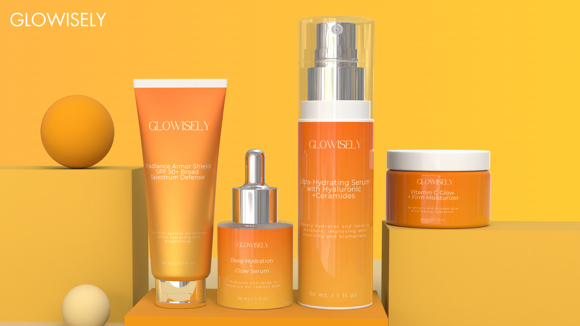 A vibrant product display of Glowisely skincare essentials set against a warm, golden-yellow background. The lineup includes four products in sleek, gradient orange packaging with white and silver accents. From left to right: a tube of 'Radiance Armor Shield SPF 50+ Broad Spectrum Defense,' a dropper bottle of 'Deep Hydration Glow Serum,' a tall pump bottle of 'Ultra-Hydrating Serum with Hyaluronic + Ceramides,' and a jar of 'Vitamin C Glow + Firm Moisturizer.' The products are arranged on minimalist geometric platforms with spherical props, enhancing the modern and luxurious aesthetic. The brand name 'Glowisely' is prominently displayed in white text at the top left corner.