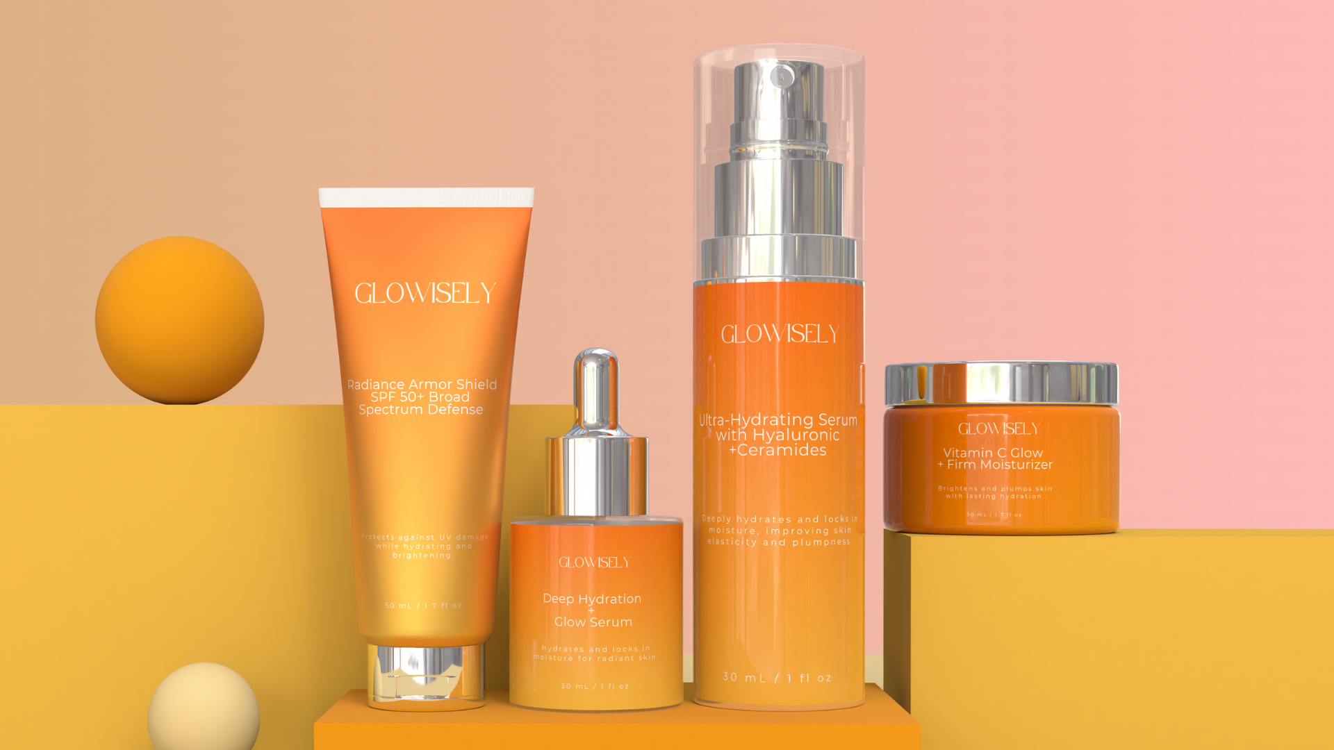 A vibrant product display of Glowisely skincare essentials set against a warm, golden-yellow background. The lineup includes four products in sleek, gradient orange packaging with white and silver accents. From left to right: a tube of 'Radiance Armor Shield SPF 50+ Broad Spectrum Defense,' a dropper bottle of 'Deep Hydration Glow Serum,' a tall pump bottle of 'Ultra-Hydrating Serum with Hyaluronic + Ceramides,' and a jar of 'Vitamin C Glow + Firm Moisturizer.' The products are arranged on minimalist geometric platforms with spherical props, enhancing the modern and luxurious aesthetic. The brand name 'Glowisely' is prominently displayed in white text at the top left corner.