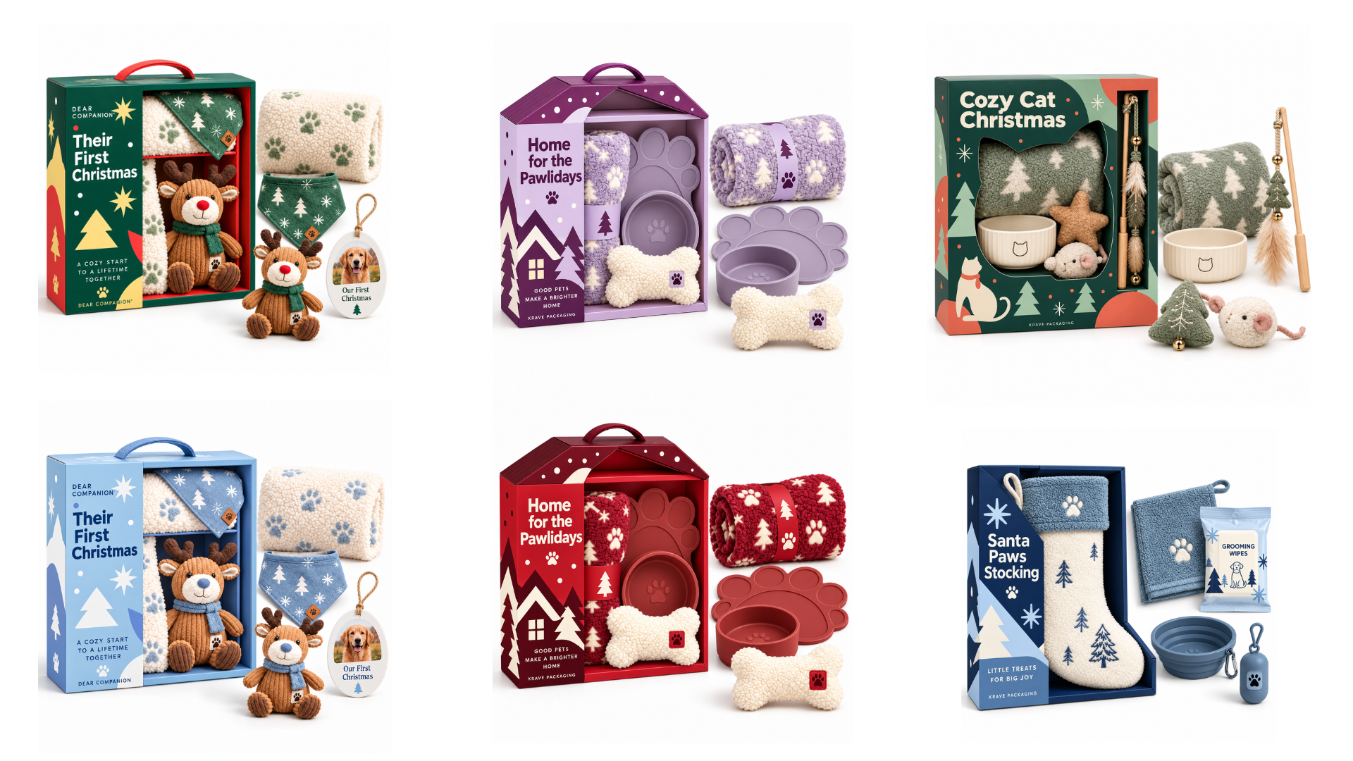 Six holiday pet gift sets in green, lavender, red, and blue packaging, featuring cozy blankets, plush toys, feeding bowls, bandanas, ornaments, and a stocking with grooming and travel accessories.