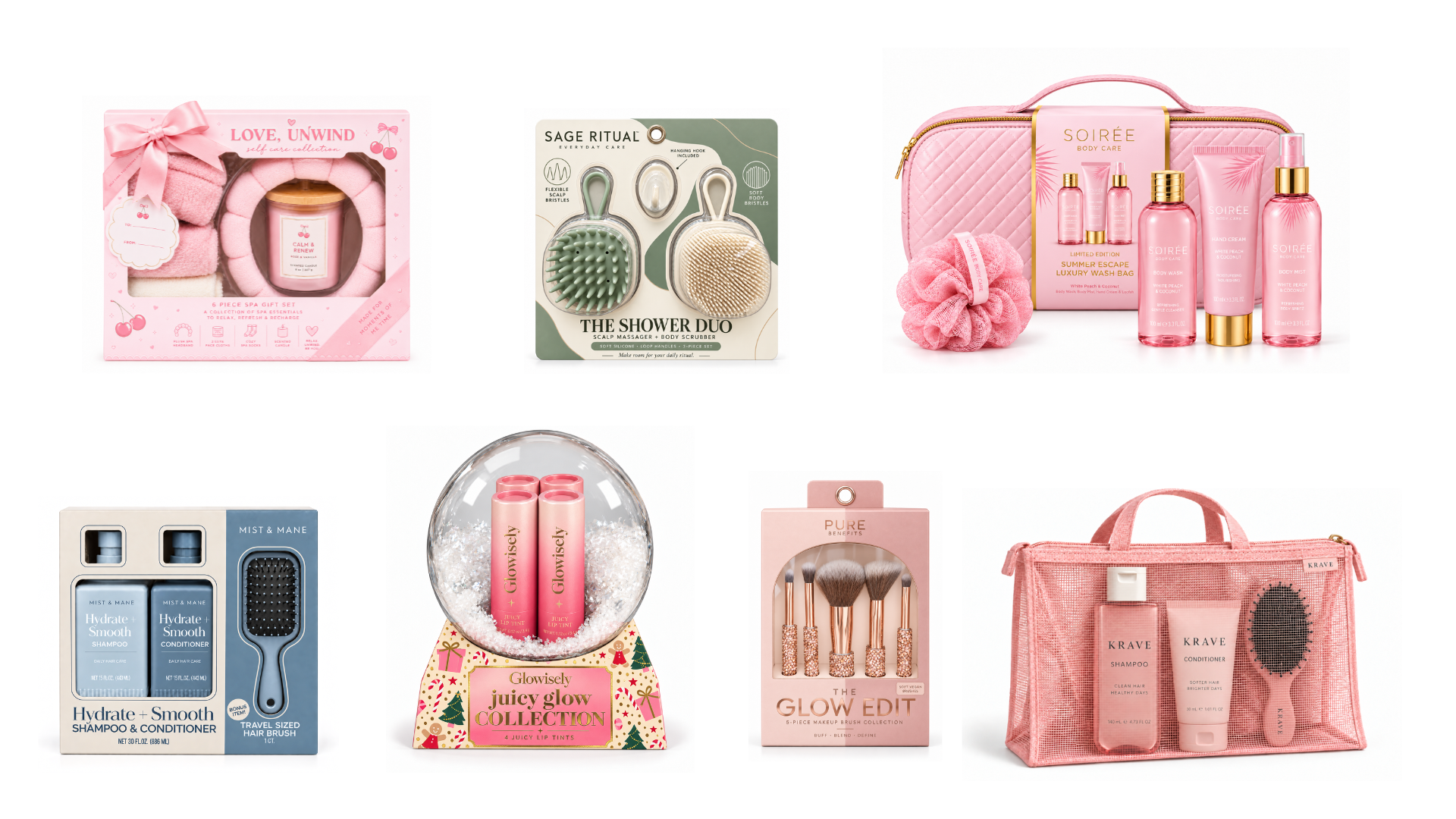 Seven beauty and self-care gift sets featuring spa accessories, shower tools, body care, shampoo and conditioner, lip tints, and makeup brushes in pink, sage, and blue packaging.