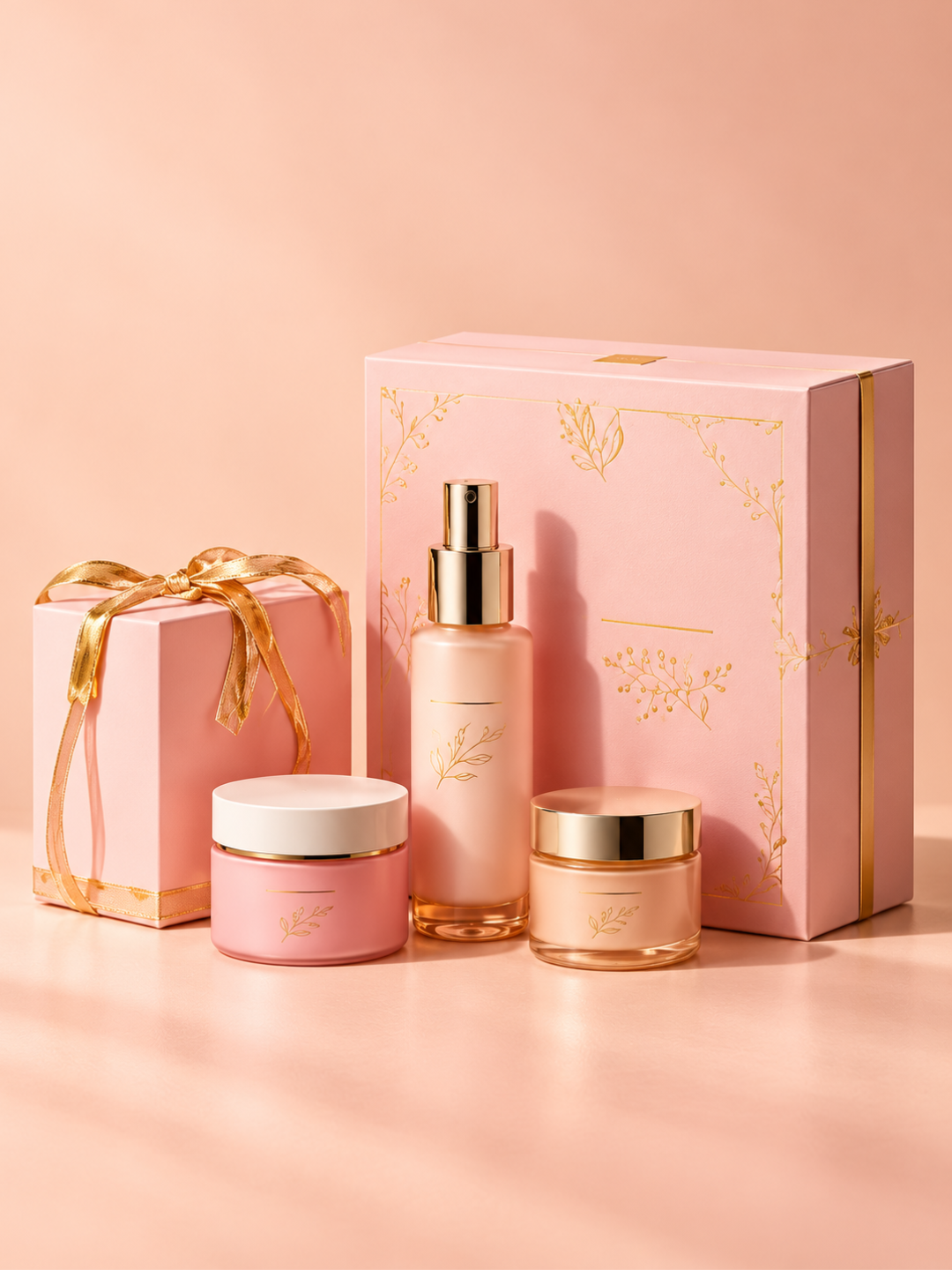 Blush pink beauty gift set featuring a gold-accented spray bottle, two cosmetic jars, and matching gift boxes on a peach background.